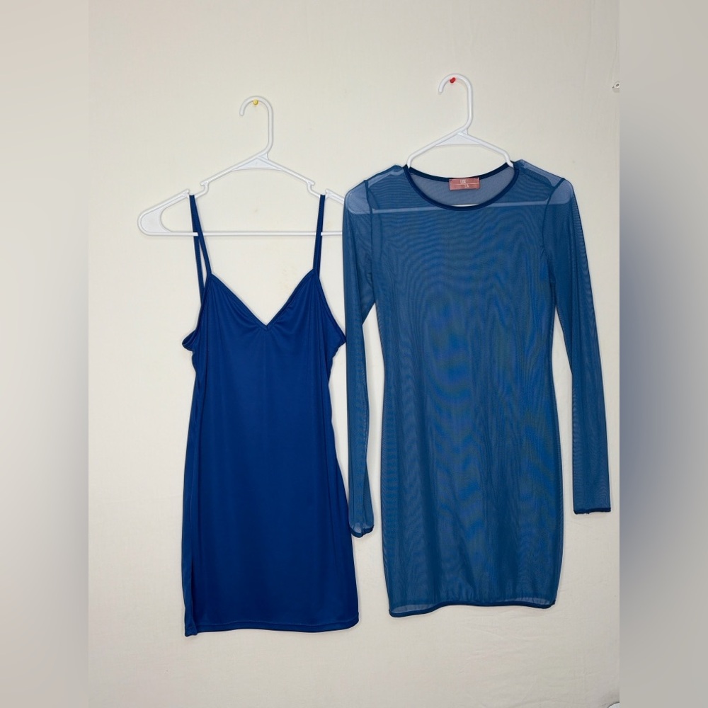 LUX LA Blue Mesh Overlay Dress Set Slip Long Sleeve Size M Stretch(E17)✨